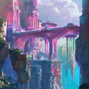 Create a digital illustration of a futuristic, dreamlike floating palace. The scene should depict a palace suspended in the air, combining elements of advanced technology and nature. The architectural style should be sci-fi, with vibrant colors and transparent structures, creating a fantastical and mysterious atmosphere. The overall style should be futuristic and enchanting, 8k, 32k uhd, official photo.参考中文提示词创建一幅未来梦幻空中宫殿的数字插画。场景应展示一座悬浮在空中的宫殿，结合未来科技与自然元素。建筑风格应充满科幻感，色彩斑斓的光线和透明的结构营造出梦幻和神秘的氛围。整体风格应未来主义且迷人，8k, 