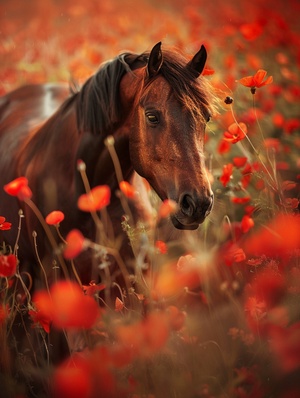 A horse, galloping in the flower field, petals scattered everywhere, the picture highlights the majesty and handsomeness of the horse,fine details,The work of professional photographers, Canon EOS, photographer Dan · Winters, DSLR lenses, best quality, masterpieces.ar3:4，v6