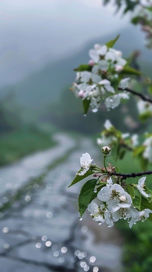 细雨绵绵春意寒，轻烟袅袅绕山间，山楂。蓝灰色的天空中弥漫着湿润的气息，微风轻拂着细雨滴在花瓣上。湿润的草地上，翠绿的小草仍然挺立着，它们身上沾满了雨露的痕迹。水滴顺着叶片滚落，在细雨中形成美丽的水珠。山间的青石路上映着微弱的光芒，被细雨洗涤得更加干净。在这样的春天，花朵们含苞待放，山间弥漫着一片神秘而宁静的氛围。,干净背景,春天,侧视图,全景大国