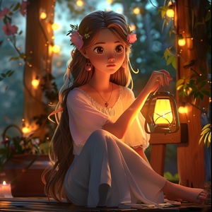 A cute girl with long hair sitting on a bench, wearing pajamas and holding an oil lamp in her hand. She has big eyes, pink lips, delicate facial features, rosy cheeks, flowers around her head, light colored , a white dress shirt, gray pants, wooden garden furniture in the background, warm lights hanging from above, sitting next to candles. In the style of Pixar, in the style of Chinese animation.