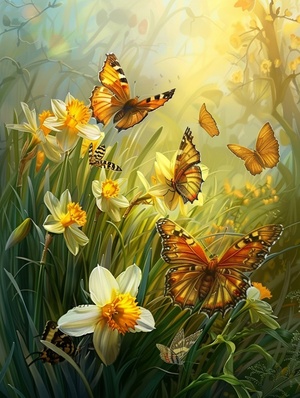 springtime butterflies and daffodils in harmonious nature