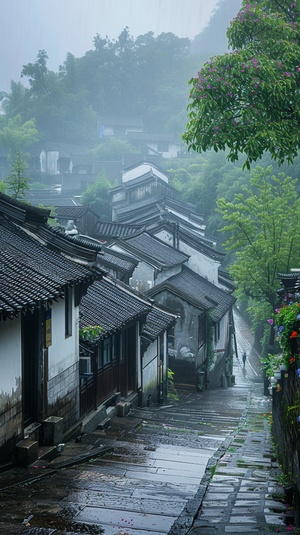 烟雨蒙蒙。黑瓦白墙的江南小镇，靠着一条流水潺潺的小河，青石桥，河边房屋被绿树环绕，繁花盛开，一副江南水乡景象