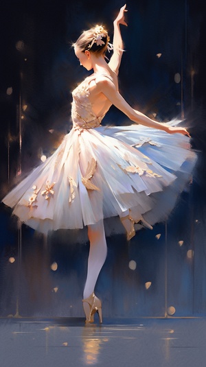 young ballerina performing on stage, pale pink and white ballet dress, gold ballet shoes, hair in a bun,classical ballet pose, left tilt, right leg extended, left leg bent, arms up, balanced grace, deep blue background,gold glitter, luxurious dreamy atmosphere模型：NJ6.0（动漫质感）