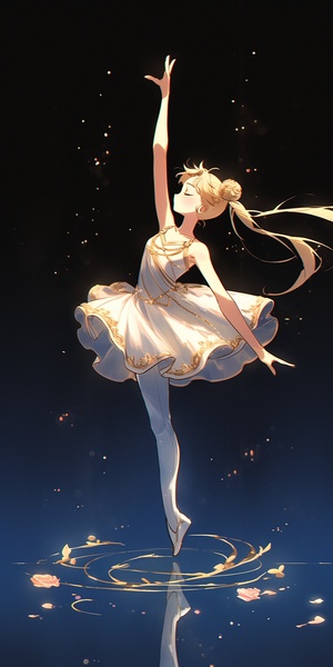 young ballerina performing on stage, pale pink and white ballet dress, gold ballet shoes, hair in a bun,classical ballet pose, left tilt, right leg extended, left leg bent, arms up, balanced grace, deep blue background,gold glitter, luxurious dreamy atmosphere模型：NJ6.0（动漫质感）