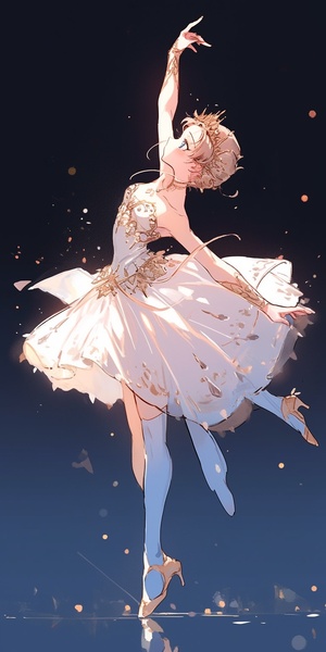 young ballerina performing on stage, pale pink and white ballet dress, gold ballet shoes, hair in a bun,classical ballet pose, left tilt, right leg extended, left leg bent, arms up, balanced grace, deep blue background,gold glitter, luxurious dreamy atmosphere模型：NJ6.0（动漫质感）