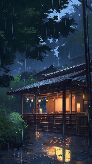 天空下着雨，竹林里，有个小屋，可以喝茶，很舒服惬意，自然风景，很治愈，很有安全感