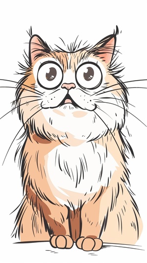 Ralph Steadman style character,A cutefull color fluffy cat in a thick linehand-drawn style, for coloring page.black line in the borders , vector file,watercolor 0 pencil 0 both , whitebackground, rough, minimalism, frontview ，3D卡通，十二格，搞笑宠物猫表情包。多种动作和表情，3D渲染，1080p超高清画质