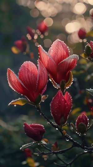 几朵红色的玉兰花，花上有晶莹剔透的露珠，真实 4k