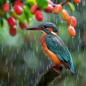 雨中清晨的美丽景致与翠鸟的优雅