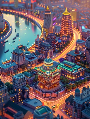 Isometric Award Winning Shanghai Bund Promotional Art in Exquisite Color Miniature