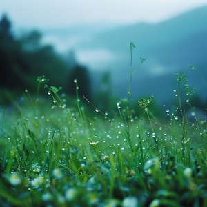 细雨绵绵春意寒，轻烟袅袅绕山间，山谷中隐约传来鸟语花香。蓝灰色的天空中弥漫着湿润的气息，微风轻拂着细雨滴在花瓣上。湿润的草地上，翠绿的小草仍然挺立着，它们身上沾满了雨露的痕迹。水滴顺着叶片滚落，在细雨中形成美丽的水珠。山间的青石路上映着微弱的光芒，被细雨洗涤得更加干净。在这样的春天，小鸟们在树梢上低语，花朵们含苞待放，山间弥漫着一片神秘而宁静的氛围。