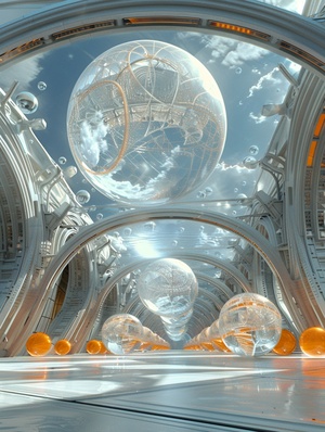 (Masterpiece, best quality:1.2),3Dtechnology e-commerce posterscene,indoor,complex ground structure display platform,meca,background is a huge white 3D sphere and several other small spheres,surrounded by an arched structure,sky,below the large sphere is a glowing orange sphere with details,the super complex internal of the science building,from fiction,shining,no human,night,dark,blue themes,glow,light particle special effects,