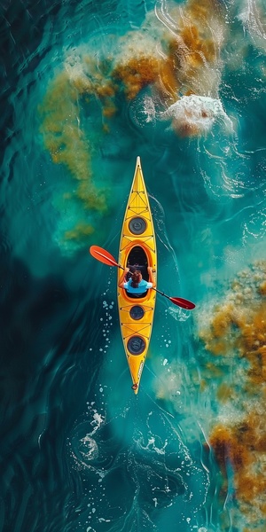 Aerial View of a Kayak with Optical Color Mixing in Rainbowcore Style