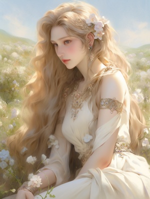 Blonde China Girl in White Dress Surrounded by Blooms