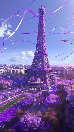 The Eiffel Tower is wrapped in purple ribbons, the stadium and runway are painted purple, and athletes are running in the streets in purple clothes, riding bicycles, and playing football. Purple ribbons are flying everywhere.The scene has an anime aesthetic and bright colors, creating a cheerful atmosphere. The Stade de France in Paris, with its purple stadium and runway, once hosted the Olympic Games.Ultra-detailed, 8k. ar 16:9 v 6.0