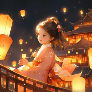 Mid-Autumn Festival, moon, a cute and beautiful girl in Chinese Hanfu is releasing Kongming lanterns, with houses and Kongming lanterns in the background, illustration design, Cheng Yanjun style, light bronze and light amber, children's book illustration, glowing sky, high resolution, 64K HD ar 3:4