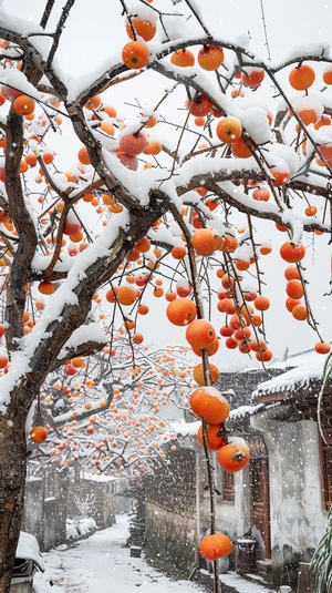 一颗柿子树挂满柿子，下雪，厚厚白雪，江南小镇，雪花，摄影