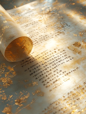 An unrolled ancient Chinese rice paper book , opened and placed , glass material written with Chinese characters in gold , transparent , light blue , white , light gold ,C4D, OC renderer , dreamlike , combined with the sense of the ancient and the future , three - dimensional ancient , bioluminescent , a beam of light , three - dimensional ancient , romantic ancient , light yellow , clean background , Zhao Wuji , Clear particles , clear light and shadow , real and virtual fields , ultra - high resolution , 