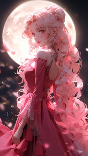 Anime Girl in Pink Dress with Moon Background in Beautiful Art Style