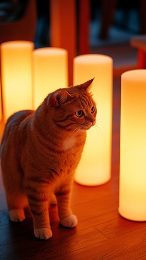 Curious Orange Cat Enchanted by Glowing Decorative Balls