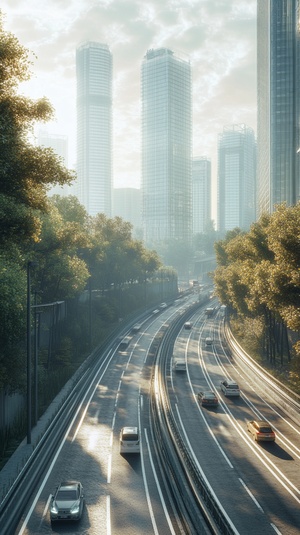 高清公路晨光汽车穿行城市景象