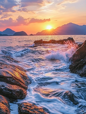 Sunset, sea water waves crashing on rocks, distant islands and mountains, real photography photos of the seaside in Shenzhen Lian DrawingAn Xingyuan Blue Lake beach, real photography photos of people strolling in the style of the rocky shore at sunset, high definition