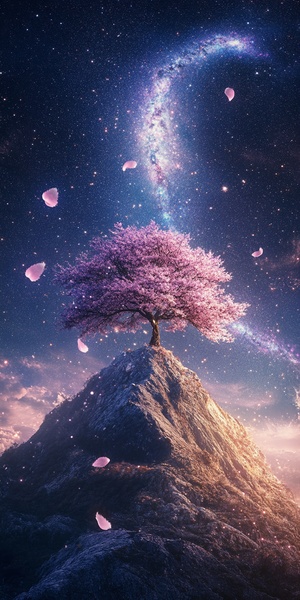 Mountain Tree with Pink Leaves Under Starry Sky and Halo