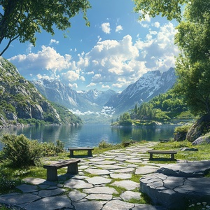 Lakeside Serenity Amidst Lush Mountains and Blue Skies