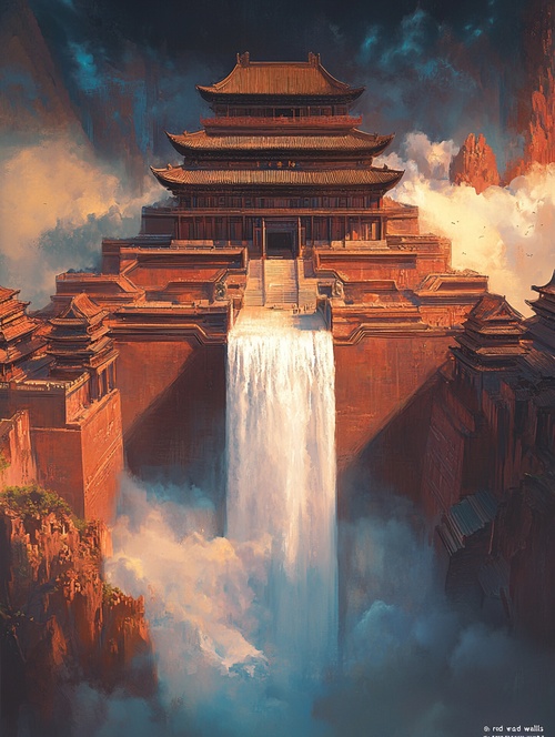 A poster of the book " red walls and waterfalls", featuring an ancient Chinese building with a white waterfall flowing down from its roof, surrounded by clouds in light orange color scheme. The background is composed of deep brown and sky blue colors, creating a strong contrast between warm tones and cold hues.