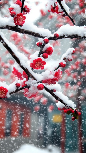 一颗梅花树点缀着全开或半开的红梅，下雪，厚厚白雪，江南小镇，雪花，摄影