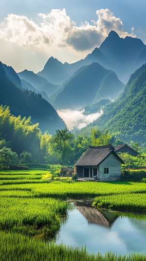 山水如画的美，白云飘逸，阳光洒向山间，泉水流敞，绝美的风景，草屋伫立，旅游的好地方。宫崎骏风