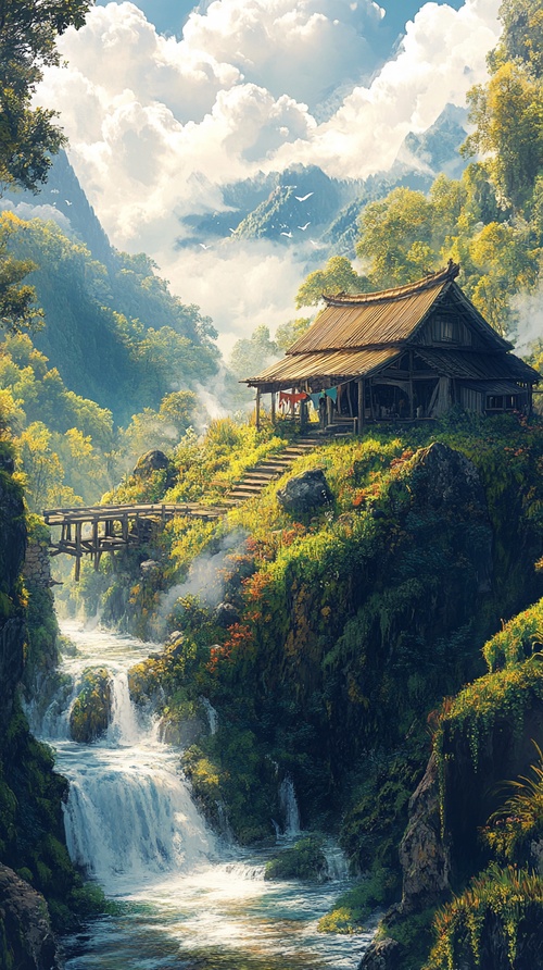 山水如画的美，白云飘逸，阳光洒向山间，泉水流敞，绝美的风景，草屋伫立，旅游的好地方。宫崎骏风