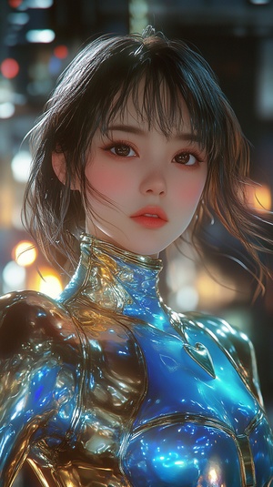 Front view, Beautiful and cool 20-year-old girl wearing super fashionable iridescent blue and Golden suit, midrange portrait, Heart to heart movements, bright and simple surreal background, surreal character, fair face, author:Hajime Sorayama, Tetsuo Hara, Yuki Kamei,Makoto Shinkai, Studio Ghibli, Nikon D850, 32K ar 9:16 style raw stylize 750 niji 6