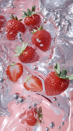 Playful Strawberry Water Scene in Anime Aesthetic