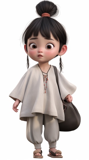 A cute 3 year old Chinese girl with a big head and a small body, her hair is fluffy andmessy tied in a pill head, big eyes, one eye blinking, doe mouth, playful and cute, wearing a long cotton and linen embroidered shaft, a pair of grey cotton and linen straight legged pants, a yellow shoulder bag, striding forward, 3D, illustration ar 9:16stylize 180 niji 6