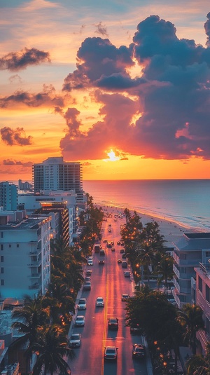 Photo of café in a gorgeous sunset on the beach street, looking down at the ocean and cars driving along buildings with palm trees along the streets, vibrant colors, beautiful clouds, in the style of National Geographic photo ar 9:16