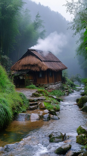 乡村的一间茅草屋，茅草屋顶烟筒冒烟，远景，竹林环绕，平缓的山溪潺潺，烟雨蒙蒙，光线明亮，景深，广角，高清超细节，华为MP60手机摄影效果，茅草屋外有条小溪，溪水特别清澈，有对情侣在溪边接吻