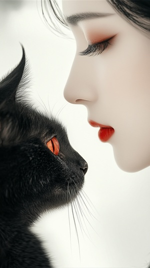 an elegant chinese woman and a black cat , beautiful eyes with long eyelashes , red lips , Jewelry earrings , smooth lines , minimalist , white background , ethereal and Zen , romantic realism ,8k. ar 3:4 v 6.0 s 100