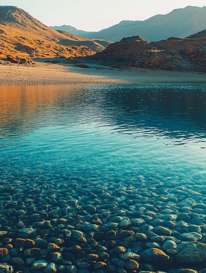 Beautiful lake in the desert, the lake water is clear, the foreground is blurred, the details are fine, realistic, atmospheric lighting, there is a strong expressiveness, professional photographer lens, Canon EOS, photographer Dan. Winters, cinematography style, best quality, AR 3:4, v6