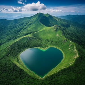 从空中俯瞰，一个巨大的绿色心形湖泊位于山顶，周围环绕着青山，形成了一个巨大的爱心形湖泊，空气清新，还能看到蓝天白云，菲利普·霍达斯（Philip Hodas）的摄影风格，浪漫的异想天开的宾得645n相机，叶夫根尼·戈迪耶茨（Evgeni Gordiets），一年前的梦幻影像，国家地理杂志照片，鹰眼视角，蔬菜卡镜头，高清，HD，非常多的细节，高空俯拍——v 5.2