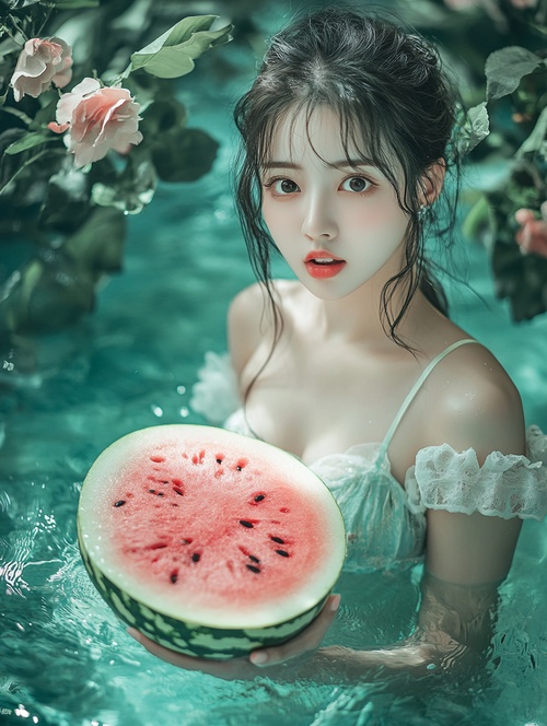 An Asian beauty model, standing in the tranquil sea water, holding a large watermelon, surprise and happiness expression, green plants and flowers blooming in the sea water, the foreground is blurred, the characters occupy the main body of the picture, the details are fine, realistic, the tone is soft and warm, the narrative is strong, and there is a strong impact in the tranquility, professional photographer lens, Canon EOS, photographer Dan. Winters, cinematography style, best quality, AR 3:4, v6