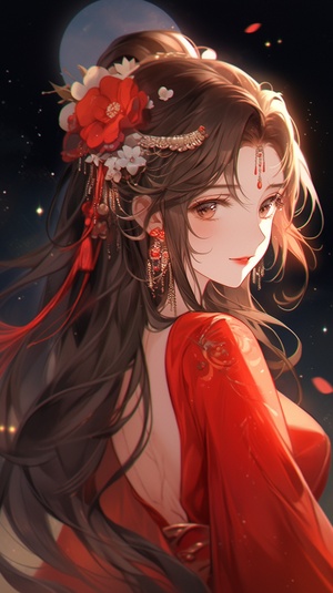 A cute Chinese girl with long hair, wearing red dress and flower headband in the night sky full of moonlight, upper body portrait, exquisite facial features , cartoon character style, anime aesthetics, romantic emotion, anime aesthetic, extremely detailed, high resolution, sunset background, gorgeous , hair accessories, flower decoration on her face, full lips, white teeth, charming smile, big eyes