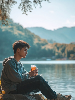 夏天湖边独自饮酒的成年男人高清摄影