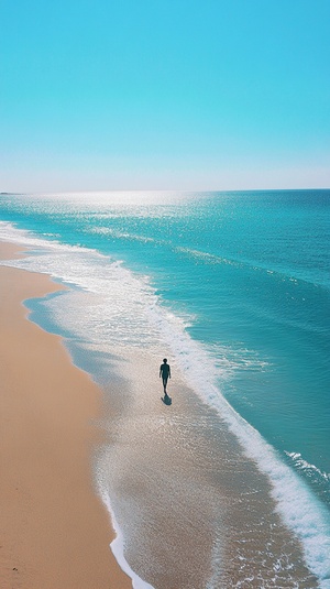 阳光海滩上的悠闲步行与美丽海景