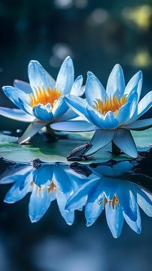 莲池中，两朵並蒂而生的蓝色睡莲，花瓣在阳光下晶莹剔透，水里呈现清晰的倒影。荷叶上有一只青蛙。高分辨率，超高清摄影作品。