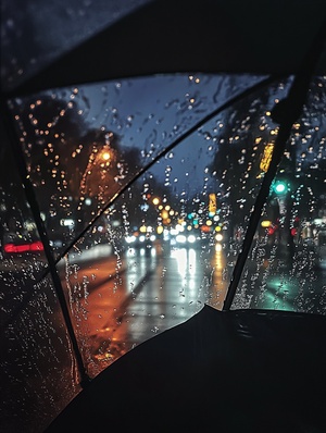 Rainy Night in Los Angeles Through an Umbrella Perspective