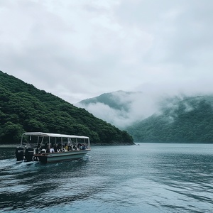 小笠原岛神秘美景白雾游艇与绿色山脉