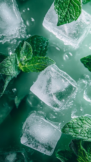 Aerial shot, some ice cubes, frozen mint with water droplets sparkling on them, a soft and colorful background. Some small ice cubes are melting. Some ice cubes have clear cracks,close-up. It gives a refreshing feeling, decorated with mint, with a very summery atmosphere. Shot with a Fujifilm camera, high-definition photography, full of artistic creativity and super details.