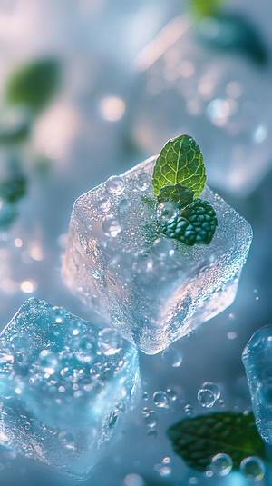 Aerial shot, some ice cubes, frozen mint with water droplets sparkling on them, a soft and colorful background. Some small ice cubes are melting. Some ice cubes have clear cracks,close-up. It gives a refreshing feeling, decorated with mint, with a very summery atmosphere. Shot with a Fujifilm camera, high-definition photography, full of artistic creativity and super details.