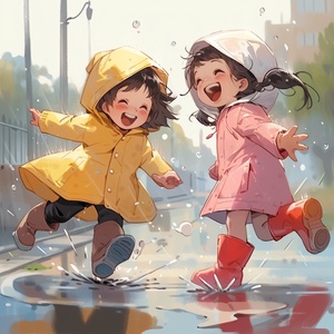 雨后两个小女孩在水坑中欢快跳跃